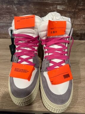 Off-White Men’s High-Top Sneakers in White, Gray & Pink
